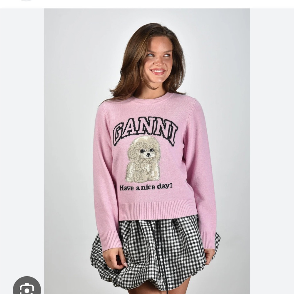 Ganni MED Pink Graphic Dog preppy Sweater NWT